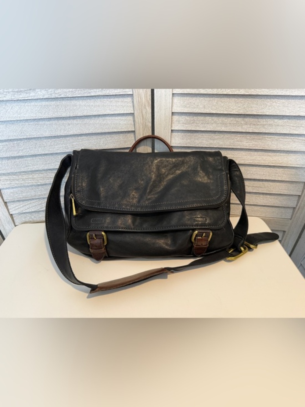 Fossil Black Leather Messenger Bag